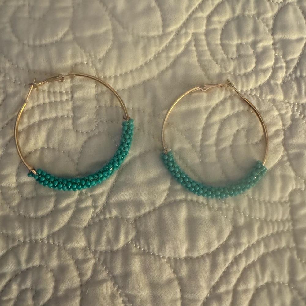 Large Turquoise Beaded Gold Tone Hoops